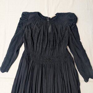 Ulla Johnson Black Embroidered Long Sleeve Scalloped Silk Midi Dress Size 6